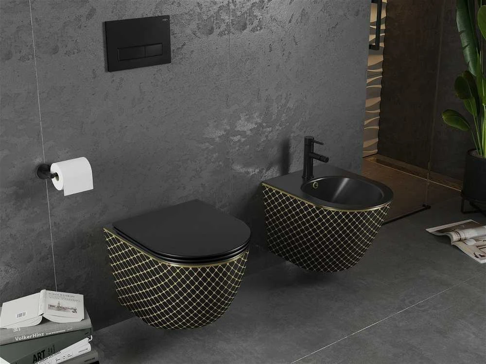 Klozetas Mexen Lena Rimless su lėtai nusileidžiančiu slim dangčiu, Juodas/Gold pattern
