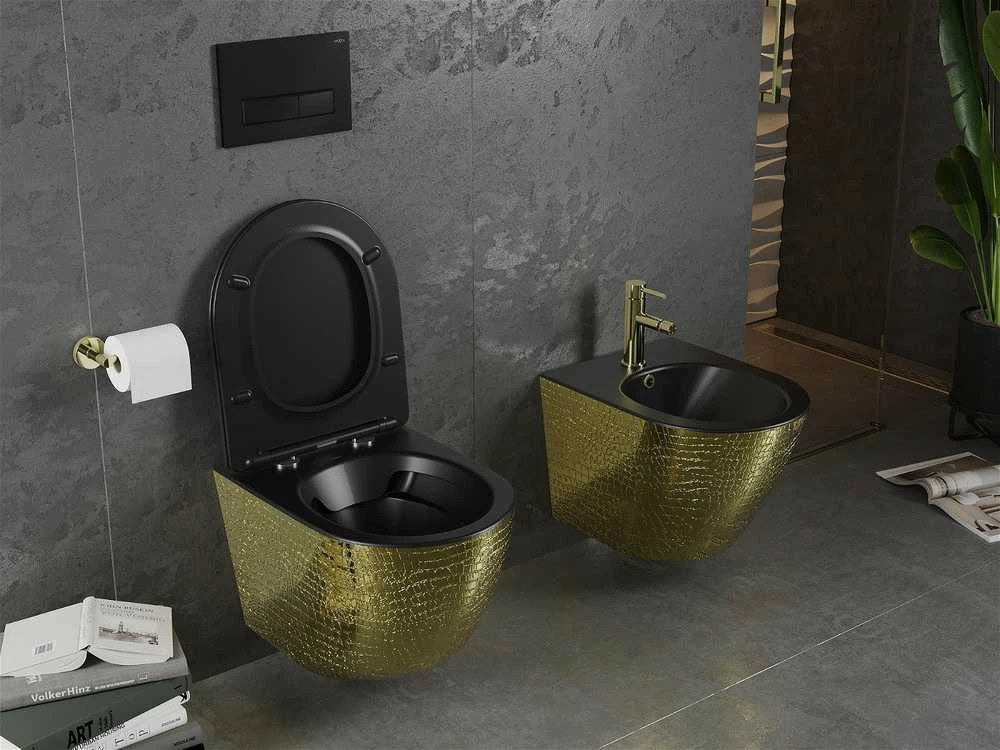 Klozetas Mexen Lena Rimless su lėtai nusileidžiančiu slim dangčiu, Juodas matt/Gold pattern