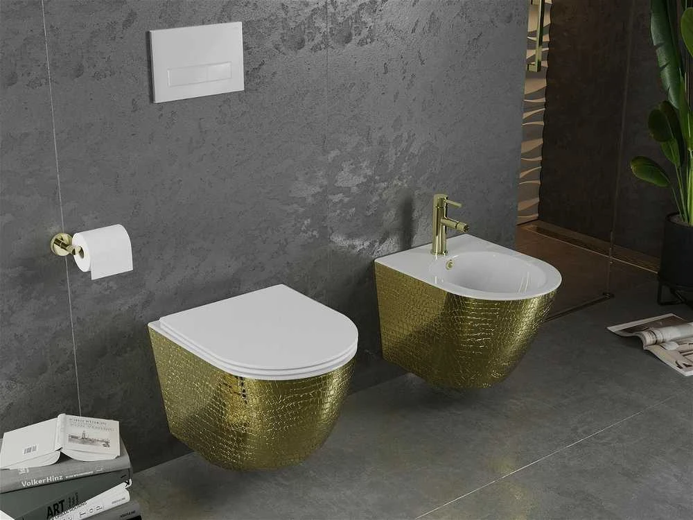 Klozetas Mexen Lena Rimless su lėtai nusileidžiančiu slim dangčiu, Baltas/Gold pattern