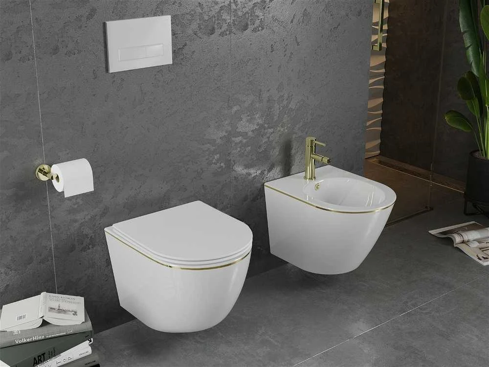 Klozetas Mexen Lena Rimless su lėtai nusileidžiančiu slim dangčiu, Baltas/Gold edge