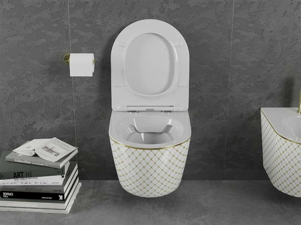 Klozetas Mexen Lena Rimless su lėtai nusileidžiančiu slim dangčiu, Baltas/Gold pattern