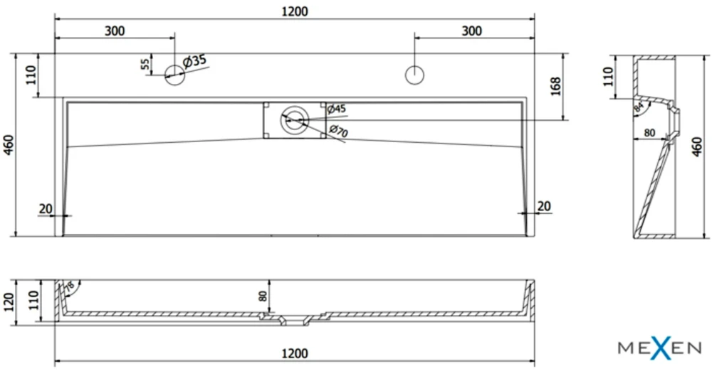 Konglomerato praustuvas Mexen Ava 2/O, 120x46 cm, Juodas mat