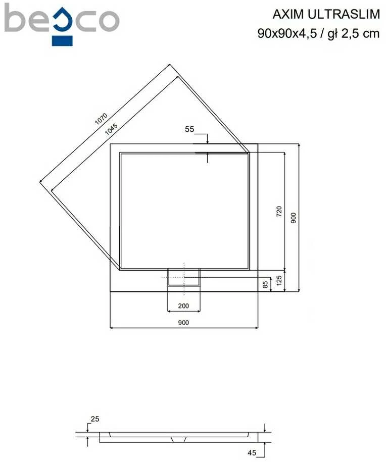 Kvadratinis dušo padėklas Besco Axim UltraSlim, 90 x 90 x 4,5 cm