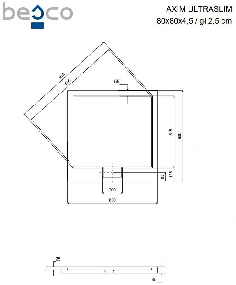 Kvadratinis dušo padėklas Besco Axim UltraSlim, 80 x 80 x 4,5 cm
