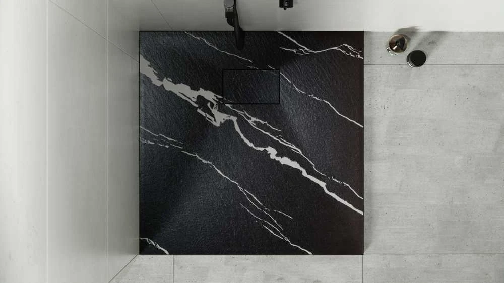 Kvadratinis dušo padėklas Besco Vexo Marble Juodas, 90 x 90 cm