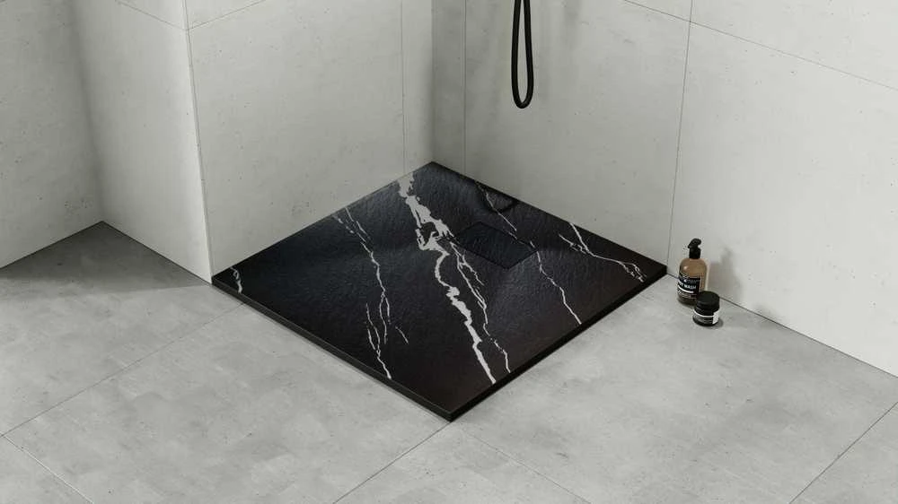 Kvadratinis dušo padėklas Besco Vexo Marble Juodas, 90 x 90 cm
