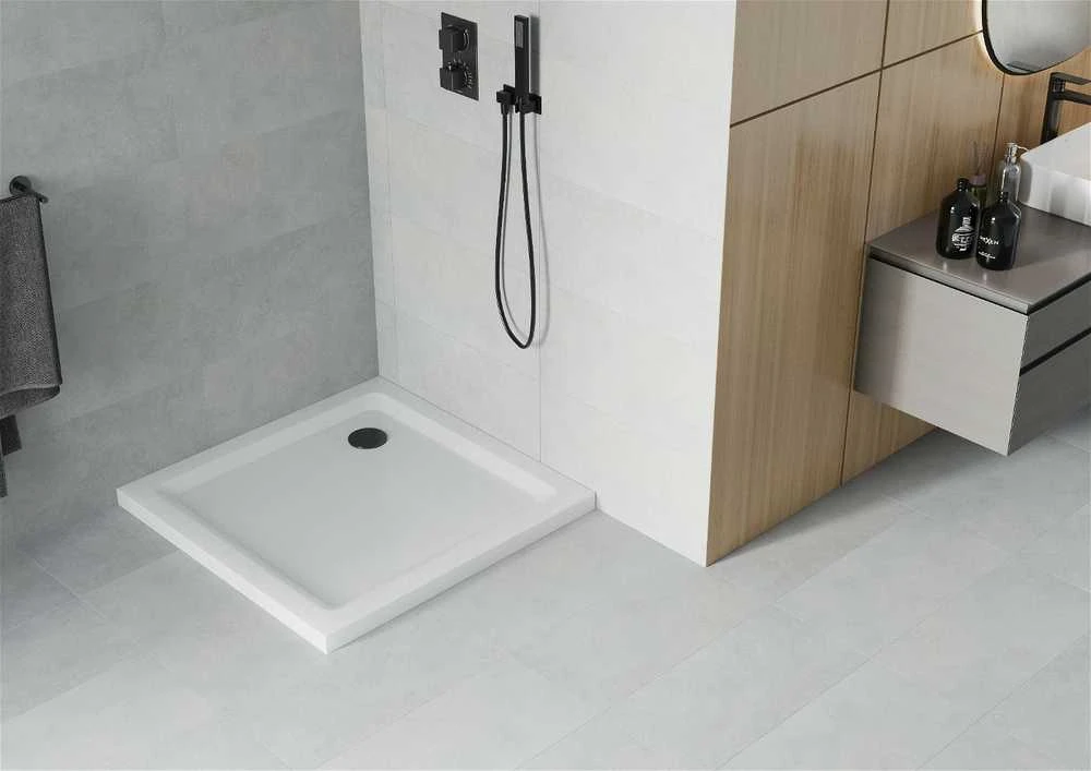 Kvadratinis dušo padėklas Mexen Flat Slim su sifonu, Baltas+Juodas, 100 x 100 cm
