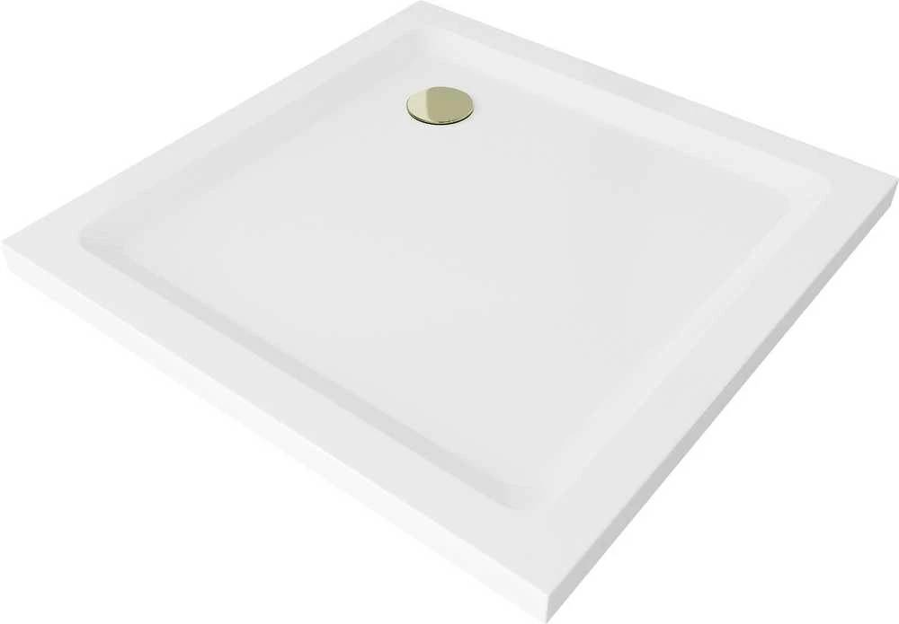 Kvadratinis dušo padėklas Mexen Flat Slim su sifonu, Baltas+Gold, 80 x 80 cm