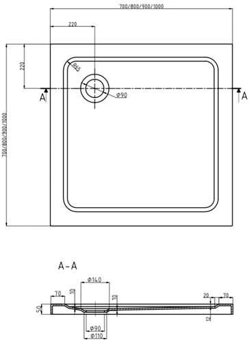 Kvadratinis dušo padėklas Mexen Flat Slim su sifonu, Baltas+Gold, 70 x 70 cm