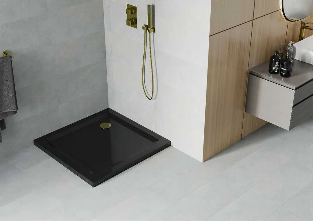 Kvadratinis dušo padėklas Mexen Flat Slim su sifonu, Juodas+Gold, 90 x 90 cm