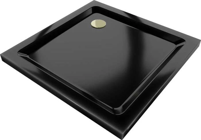 Kvadratinis dušo padėklas Mexen Flat Slim su sifonu, Juodas+Gold, 70 x 70 cm