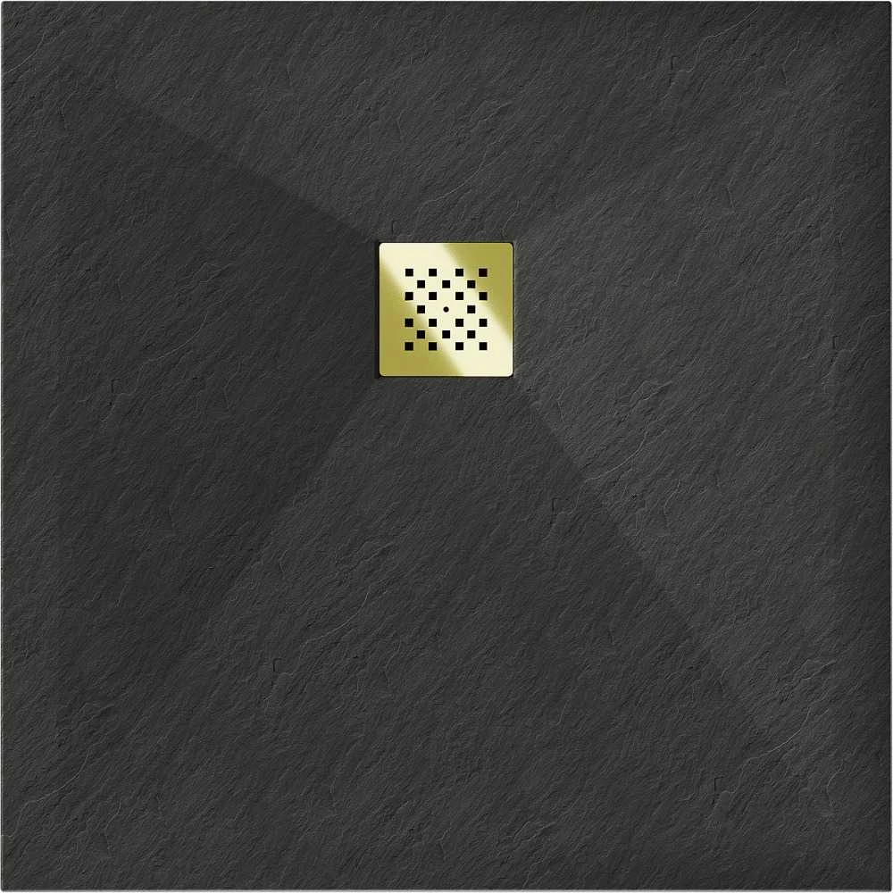 Kvadratinis dušo padėklas Mexen Stone+ su sifonu, 100 x 100 cm, Juodas+Gold