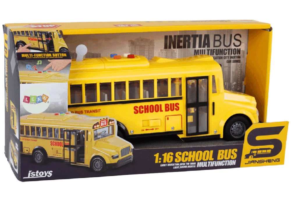 Mokyklinis autobusas su garsais ir šviesom, geltonas
