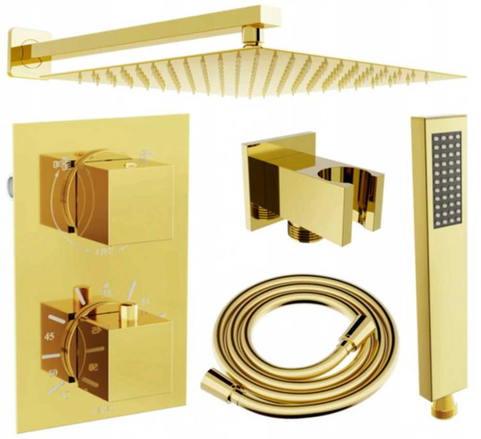 Potinkinis dušo komplektas su termostatu Mexen Cube 6in1, 25x25 cm, Gold