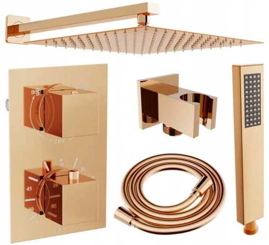Potinkinis dušo komplektas su termostatu Mexen Cube 6in1, 25x25 cm, Rose Gold