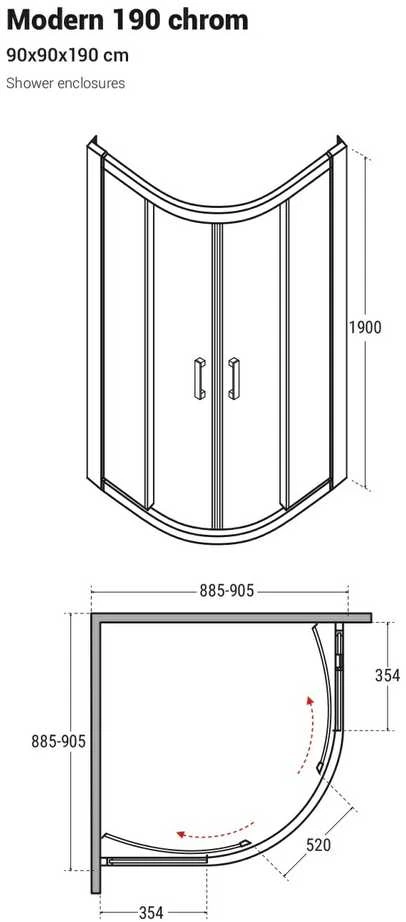 Pusapvalė dušo kabina Besco Modern, 90 x 90 x 190 cm, matinis stiklas