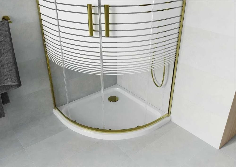 Pusapvalė dušo kabina Mexen Rio F su padėklu ir sifonu, pusiau matinė, Gold+Baltas/Gold, 90 x 90 cm