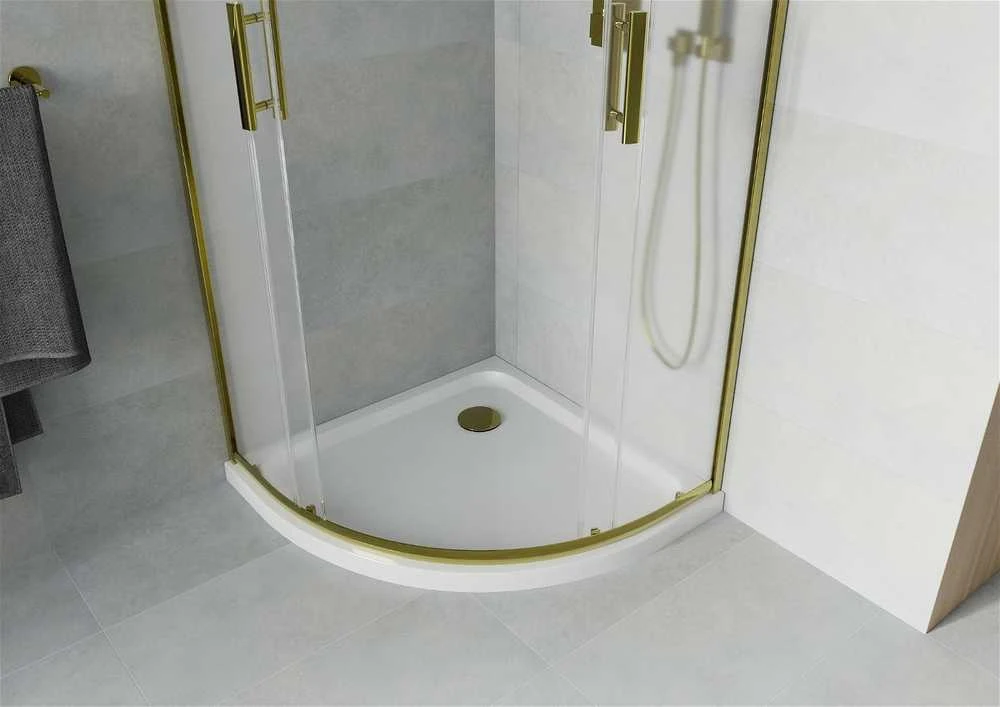 Pusapvalė dušo kabina Mexen Rio F su padėklu ir sifonu, matinė, Gold+Baltas/Gold, 90 x 90 cm