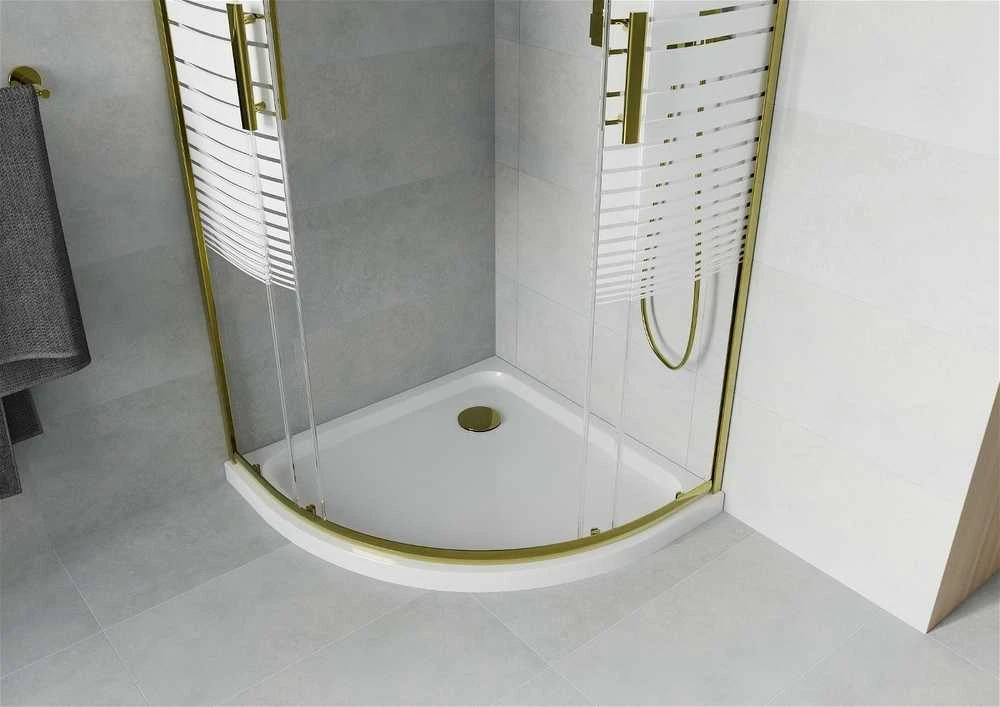 Pusapvalė dušo kabina Mexen Rio F su padėklu ir sifonu, pusiau matinė, Gold+Baltas/Gold, 90 x 90 cm