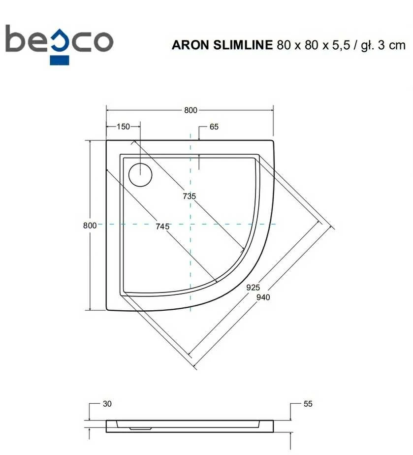 Pusapvalis dušo padėklas Besco Aron SlimLine, 80 x 80 x 5,5 cm