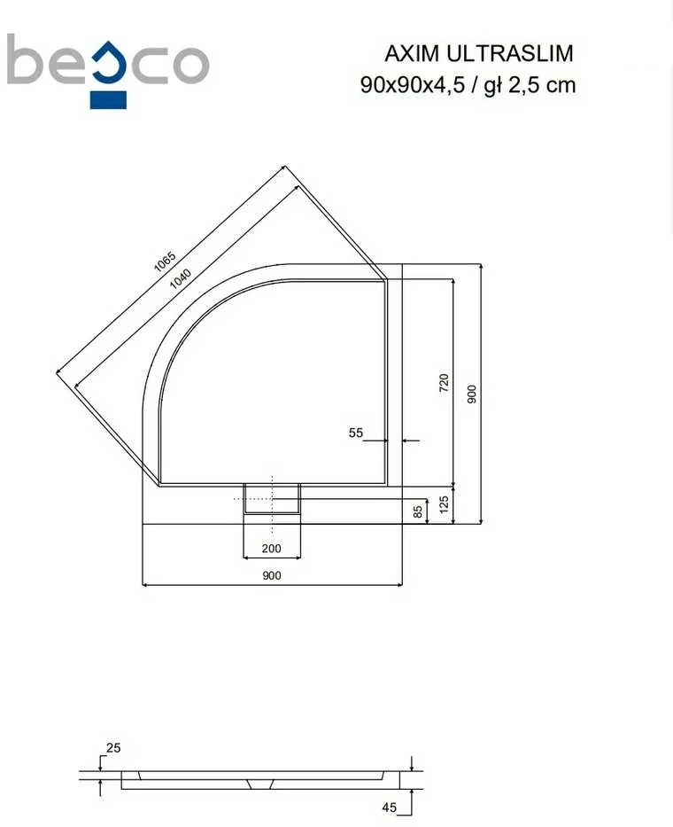 Pusapvalis dušo padėklas Besco Axim UltraSlim, 90 x 90 x 4,5 cm
