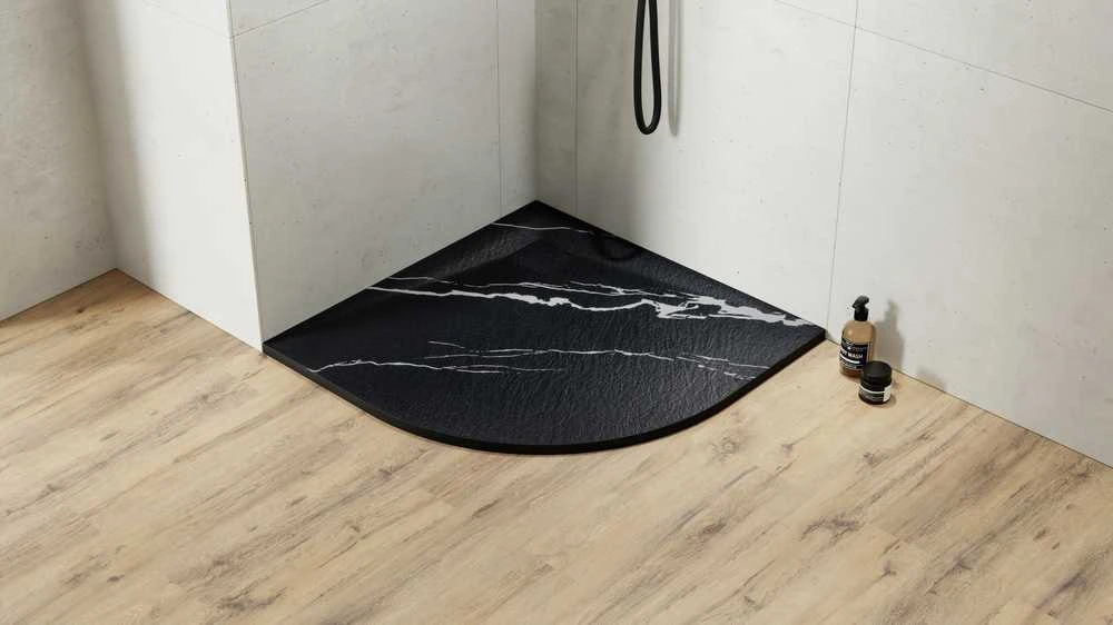Pusapvalis dušo padėklas Besco Vexo Marble Juodas, 90 x 90 cm