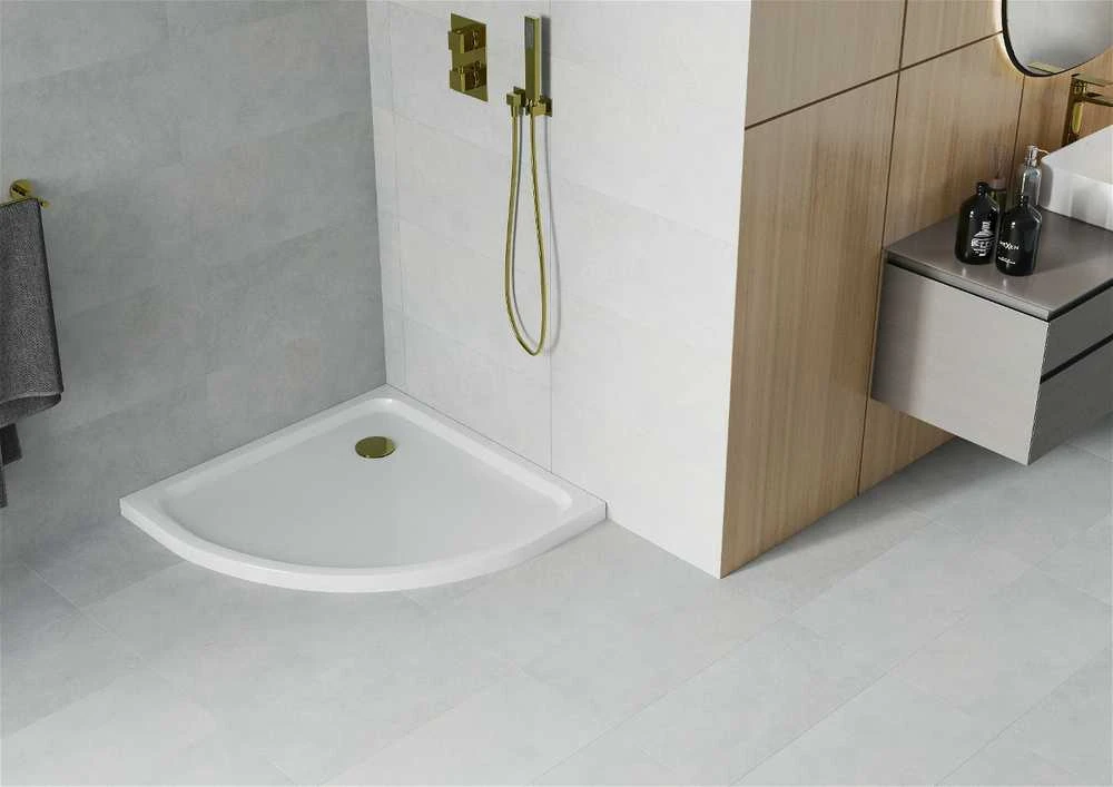 Pusapvalis dušo padėklas Mexen Flat Slim su sifonu, Baltas+Gold, 90 x 90 cm