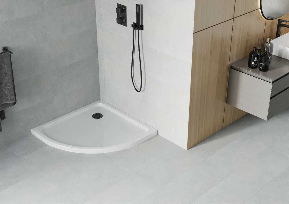 Pusapvalis dušo padėklas Mexen Flat Slim su sifonu, Baltas+Juodas, 90 x 90 cm