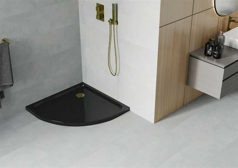 Pusapvalis dušo padėklas Mexen Flat Slim su sifonu, Juodas+Gold, 70 x 70 cm