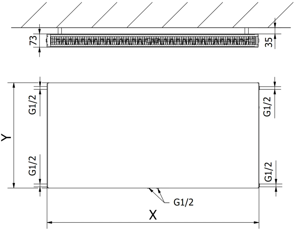 Radiatorius Mexen Flat CCF21, 600 x 1400 mm, 1693 W, pajungimas iš apačios per vidurį, baltas