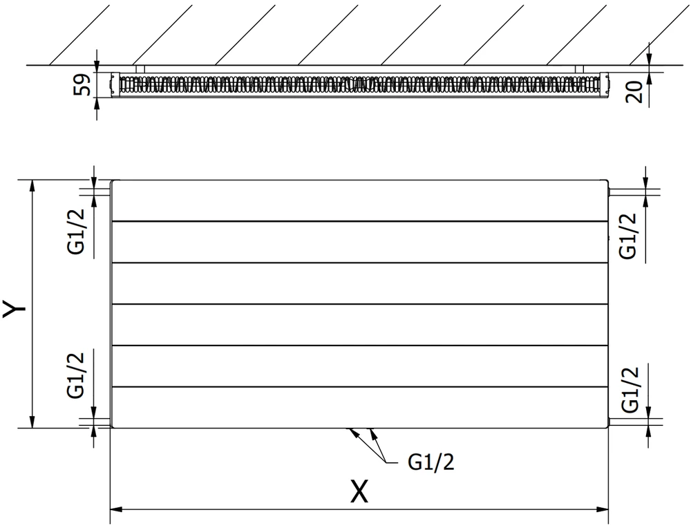 Radiatorius Mexen Line CCL11, 600 x 1300 mm, 1018 W, pajungimas iš apačios per vidurį, juodas