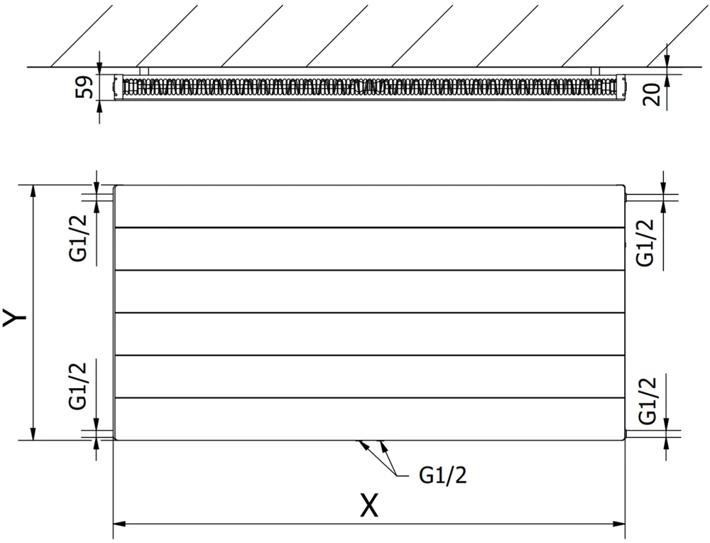Radiatorius Mexen Line CCL11, 600 x 700 mm, 548 W, pajungimas iš apačios per vidurį, baltas