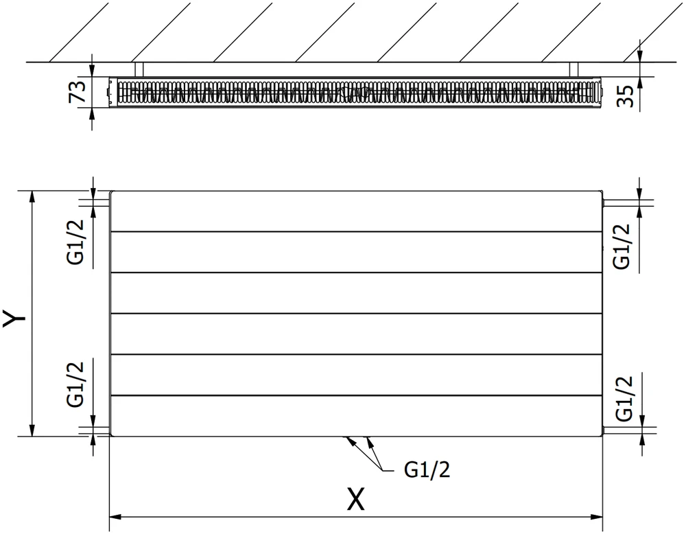 Radiatorius Mexen Line CCL21, 500 x 2000 mm, 2016 W, pajungimas iš apačios per vidurį, baltas