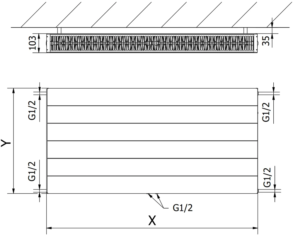 Radiatorius Mexen Line CCL22, 900 x 1300 mm, 2859 W, pajungimas iš apačios per vidurį, baltas