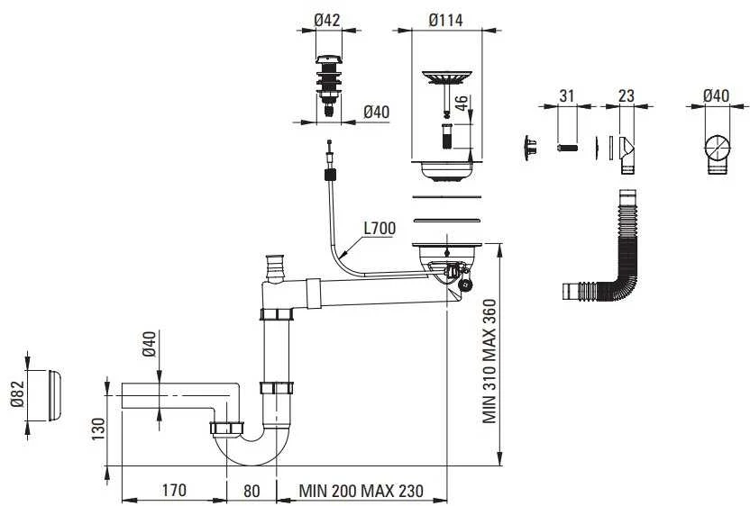 Sifonas granitinėms plautuvėms Deante Space-Saver ZXY_9972, Steel