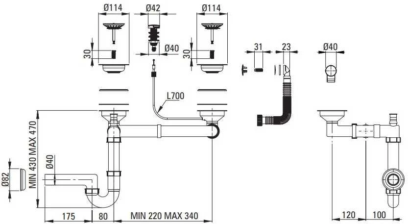 Sifonas granitinėms plautuvėms Deante Space-Saver ZXY_9973, Steel
