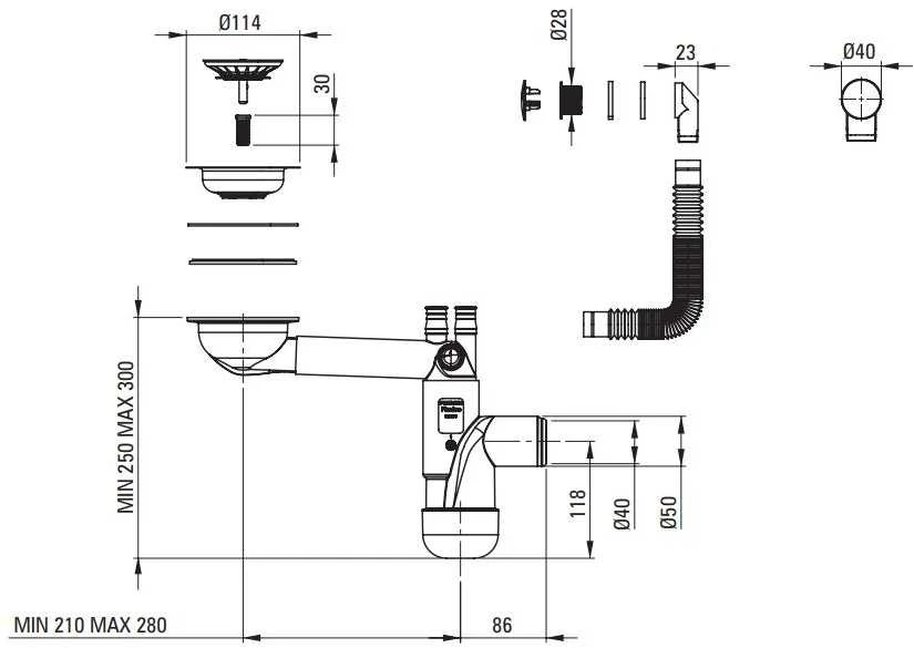 Sifonas granitinėms plautuvėms Deante Space-Saver Lux ZXY_9917, Steel