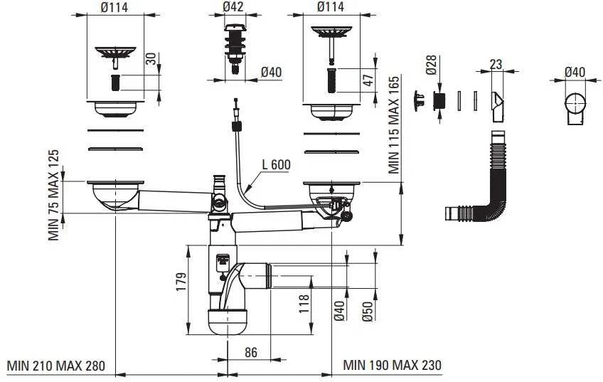 Sifonas granitinėms plautuvėms Deante Space-Saver Lux ZXY_9918, Steel