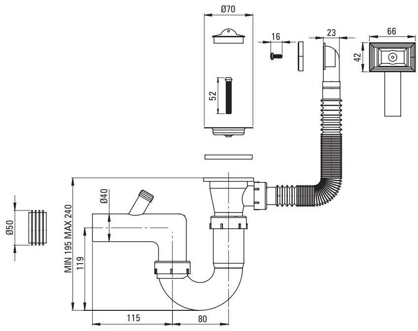 Sifonas plieninėms plautuvėms Deante ZXY_9921, Steel