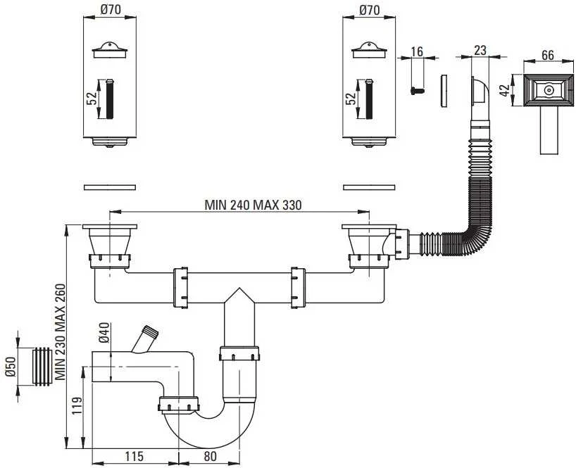 Sifonas plieninėms plautuvėms Deante ZXY_9922, Steel