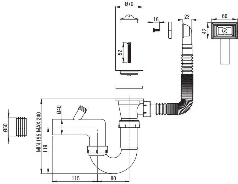 Sifonas plieninėms plautuvėms Deante ZXY_9923, Steel