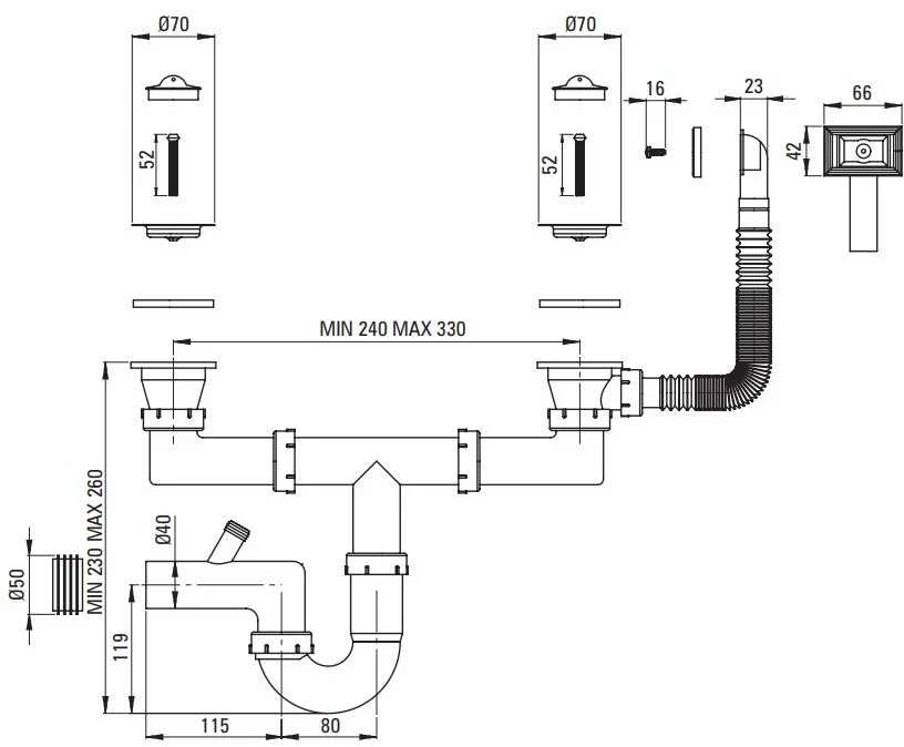 Alveus Sifonas plieninėms plautuvėms Deante ZXY_9924, Steel