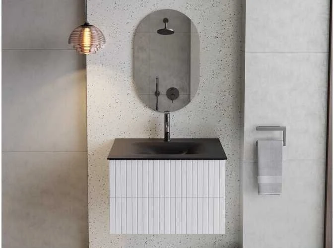 Spintelė Besco Akya Linea 66 cm su praustuvu ir klik-klak, Baltas matt/Gun metal+Chrome
