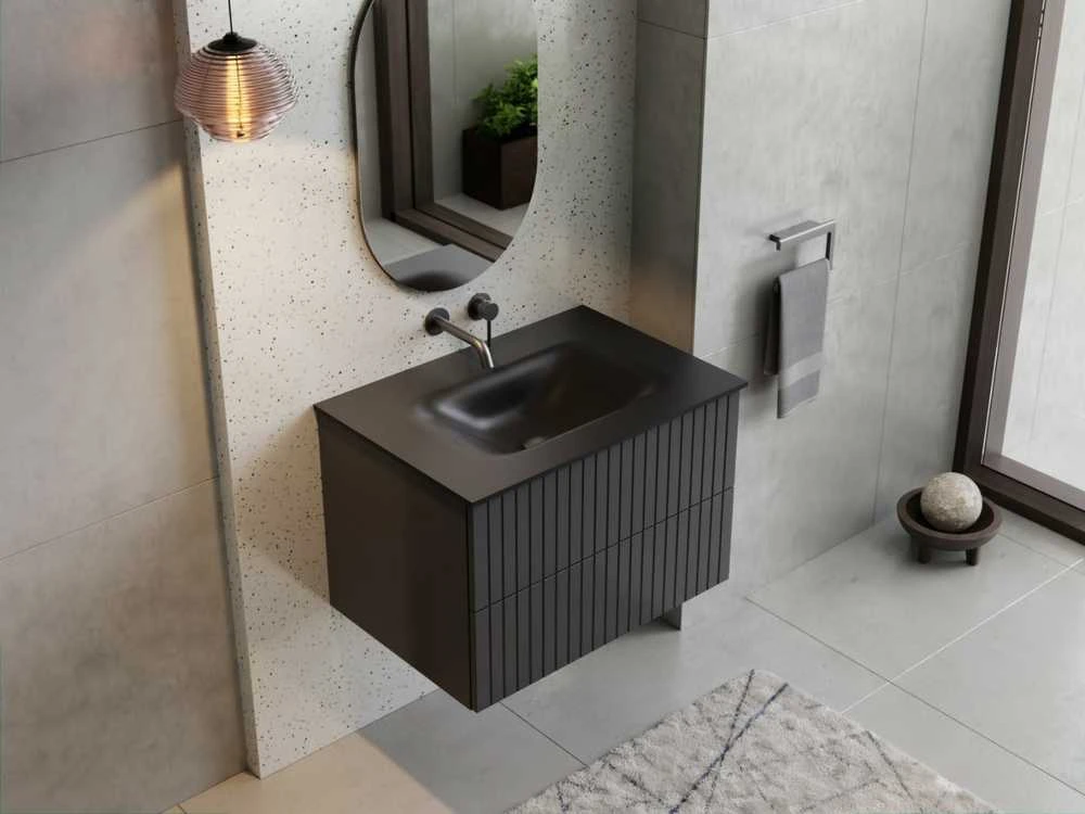 Spintelė Besco Akya Linea 76 cm su praustuvu ir klik-klak, Gun Metal matt/Gun metal+Juodas matt