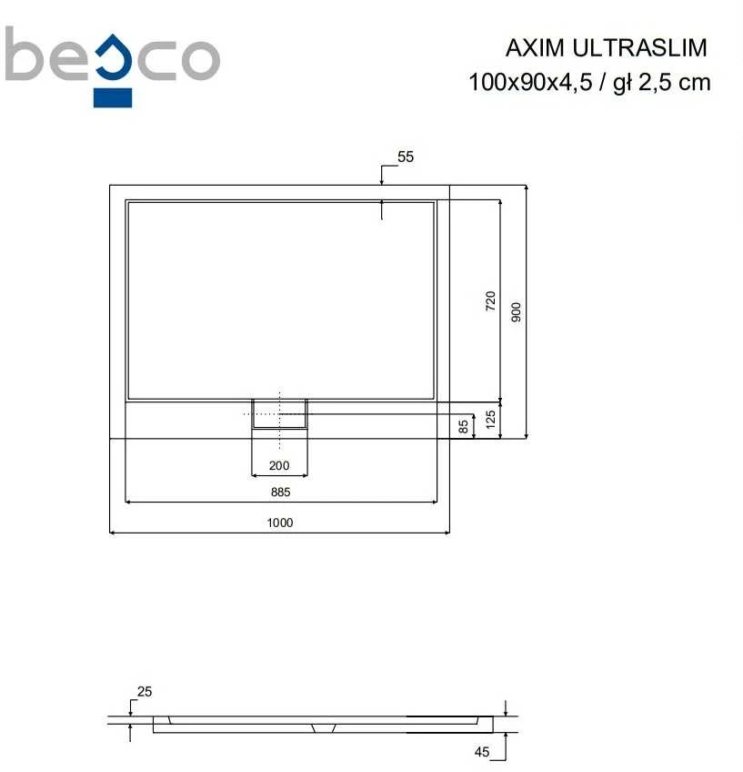 Stačiakampis dušo padėklas Besco Axim UltraSlim, 100 x 90 x 4,5 cm