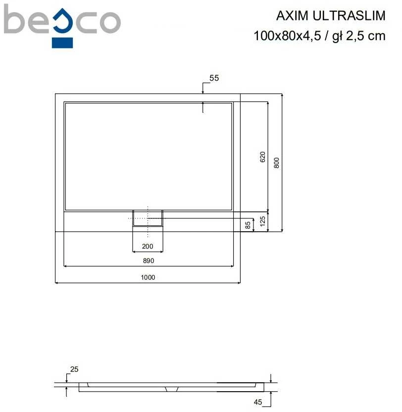 Stačiakampis dušo padėklas Besco Axim UltraSlim, 100 x 80 x 4,5 cm