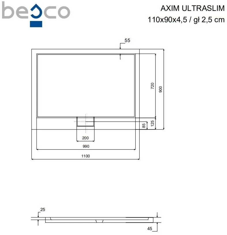Stačiakampis dušo padėklas Besco Axim UltraSlim, 110 x 90 x 4,5 cm
