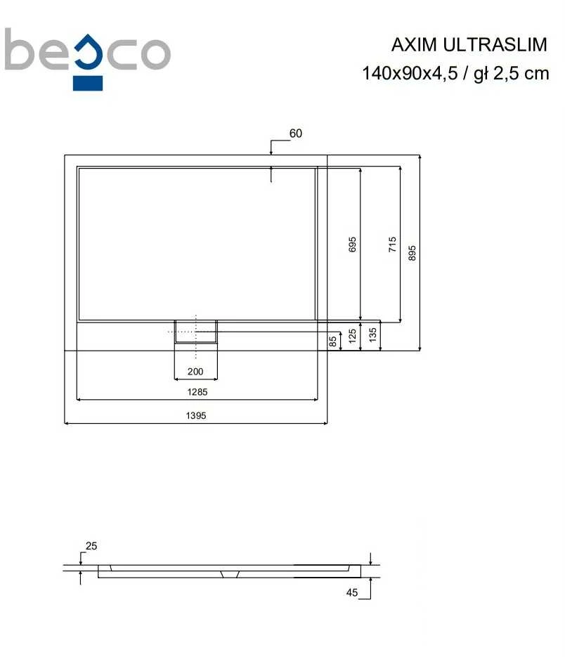 Stačiakampis dušo padėklas Besco Axim UltraSlim, 140 x 90 x 4,5 cm