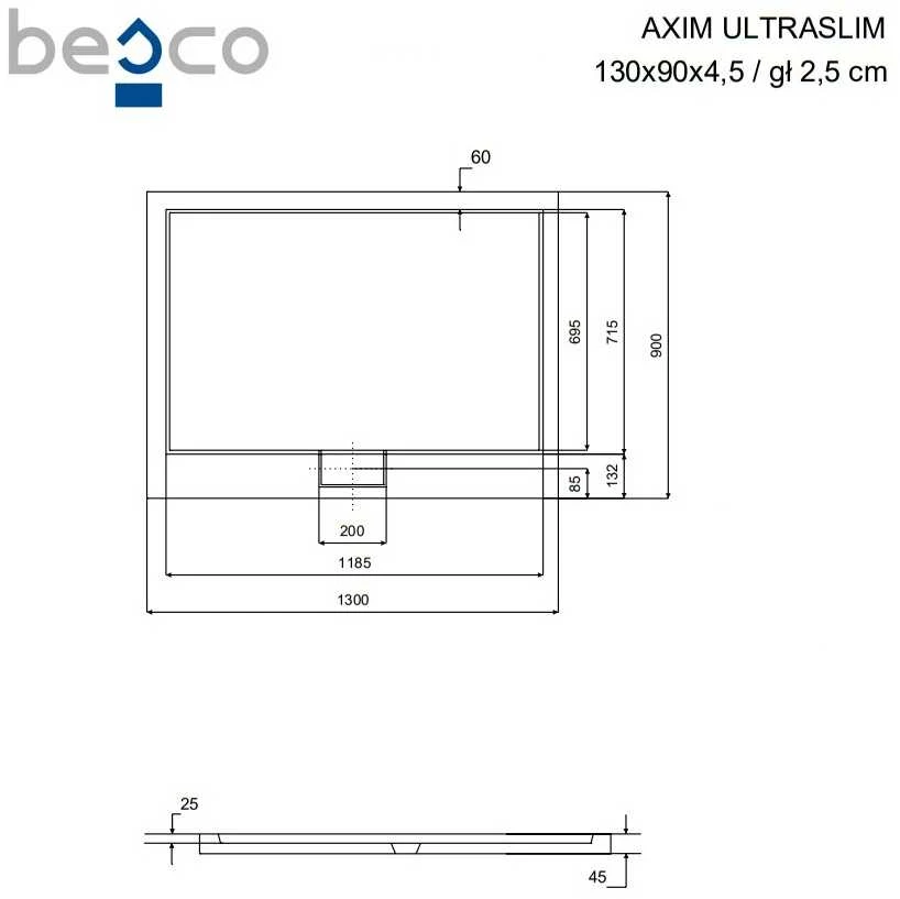 Stačiakampis dušo padėklas Besco Axim UltraSlim, 130 x 90 x 4,5 cm
