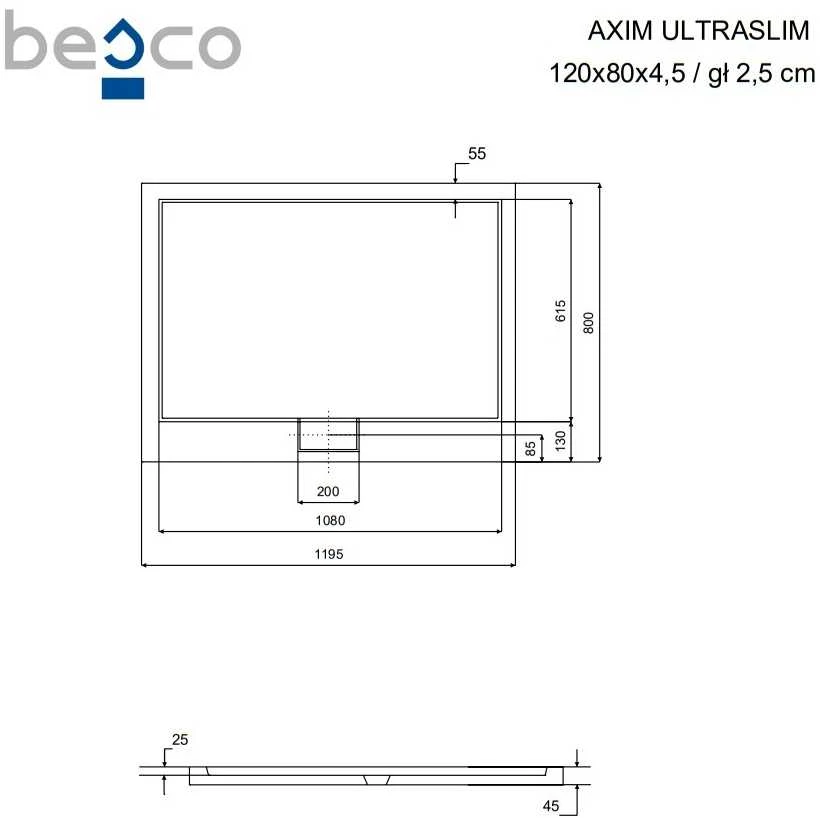 Stačiakampis dušo padėklas Besco Axim UltraSlim, 120 x 80 x 4,5 cm